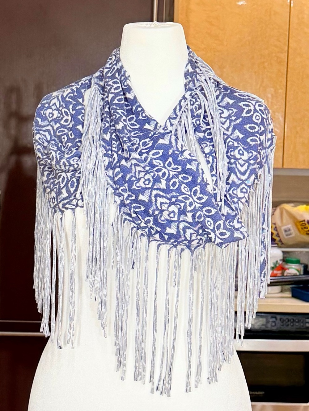 Chan Luu Blue & White Fringed Floral Wrap